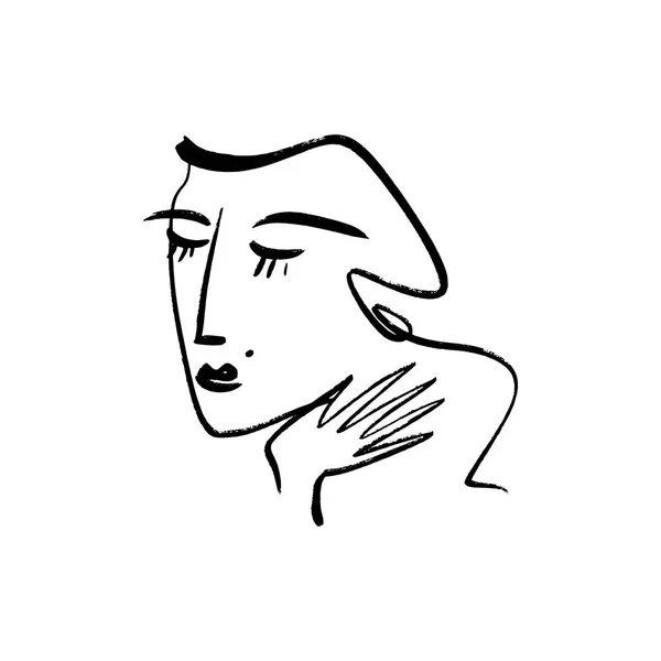 Vektor Einfache Handgezeichnete Schwarz Weiß Trendige Linie Portraitkunst Monochromer Druck — Stockvektor