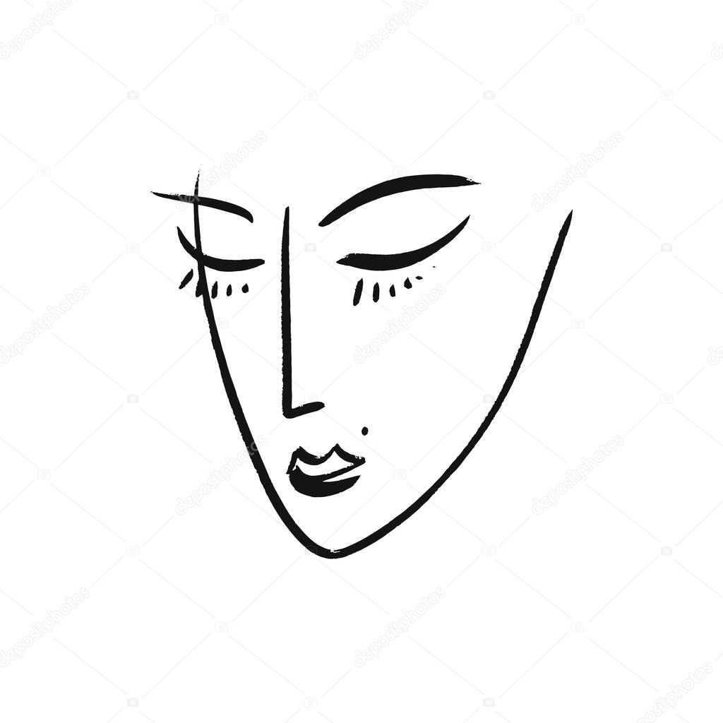 Vector simple hand drawn black and white trendy line portrait art. Monochrome print for clothes, textile and other. EPS illustration