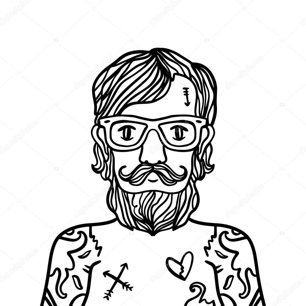 Portrait of handsome stylish tattooed casual man hipster with beard and glasses. Sketch doodle style illustration. Coloring page element. Vector EPS clipart