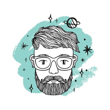 Yakışıklı şık adam, sakallı hippi portresi. Alan, galaxy ve gezegenler. Yaratıcı zihin. Doodle stil illüstrasyon kroki. Vektör Eps clipart