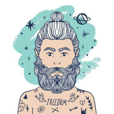 Astronot, uzay adamı. Şık dövmeli rahat züppe yakışıklı, sakallı hippi portresi. Alan, galaxy ve gezegenler. Yaratıcı zihin. Doodle stil kroki. Vektör Eps clipart