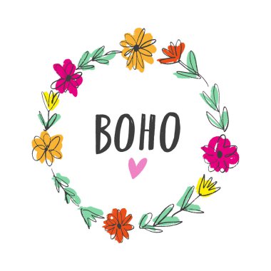 Elle çizilmiş basit çerçeve çiçek şekil. Boho hippi kız kavramı. T-shirt için iyi yazdırır, kartpostallar, tebrik kartları ve daha fazlası