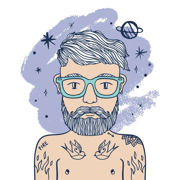 Astronot, uzay adamı. Şık dövmeli rahat züppe yakışıklı, sakallı hippi portresi. Alan, galaxy ve gezegenler. Yaratıcı zihin. Doodle stil kroki. Vektör Eps clipart