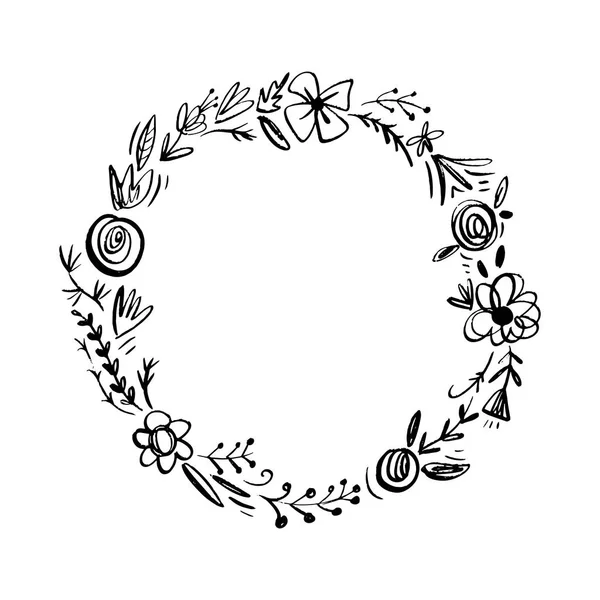 Illustration Cadre Dessinée Main Couronne Lurel Floral Vectoriel Avec Fleurs — Image vectorielle