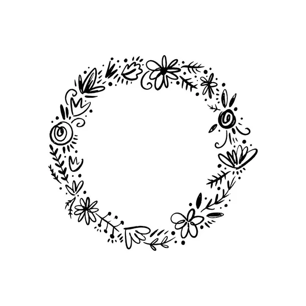 Ilustração Quadro Desenhado Mão Coroa Lurel Floral Vetorial Com Flores — Vetor de Stock