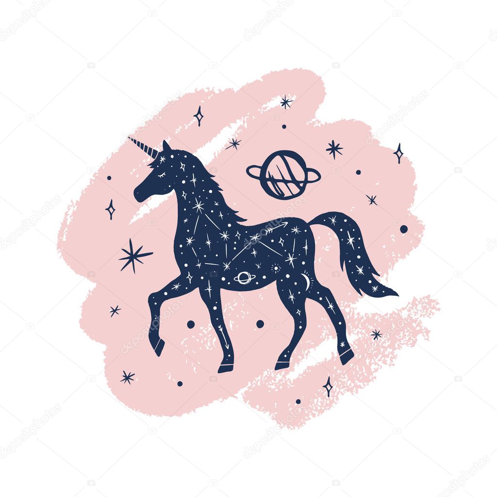 Vector patterned night unicorn, moon and stars, space constellations. Beautiful onamental animal print, Northern Lights. Fairytale fantasy illustration