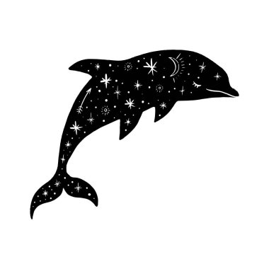 Vektör desenli kutup yunus, ay ve yıldız, uzay takımyıldızları. Güzel onamental hayvan baskı, Kuzey ışıkları. Masal fantezi illüstrasyon