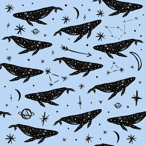 Patrón Vectorial Con Ballenas Luna Estrellas Constelaciones Espaciales Hermosa Textura — Archivo Imágenes Vectoriales