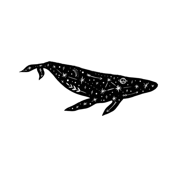 Vector Mönstrad Whale Måne Och Stjärnor Rymden Konstellationer Vackra Onamental — Stock vektor
