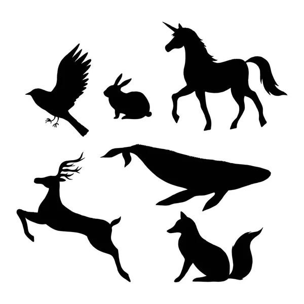 Vector Animales Salvajes Siluetas Negras Aisladas Blanco Colección Mamíferos — Archivo Imágenes Vectoriales