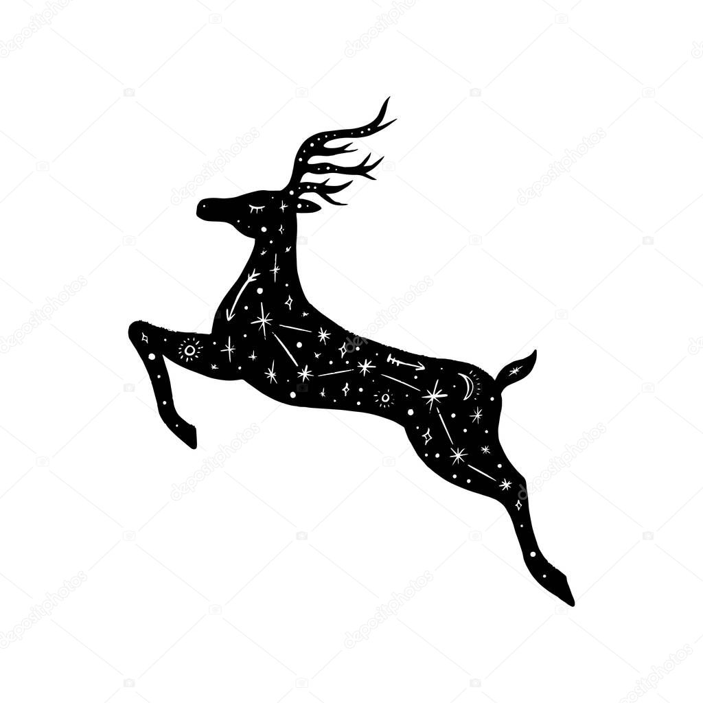 Vector patterned polar deer, moon and stars, space constellations. Beautiful onamental animal print, Northern Lights. Fairytale fantasy illustration
