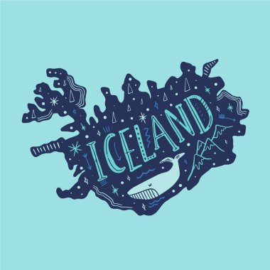 Vektör elle çizilmiş karikatür doodle harita İzlanda. Çizim ayrıntıları, flora ve fauna ile
