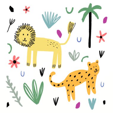 El stilize hayvanlar, aslan ve kaplan çekilmiş. Temting çağdaş sanat. Boho hipster çizim