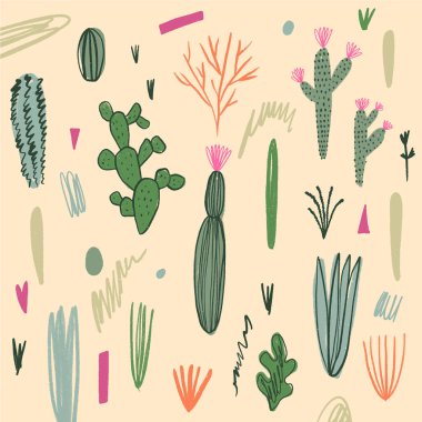 Çiçek farklı kaktüsler boyama. El stilize temting çağdaş sanat çekilmiş. Boho hipster çizim