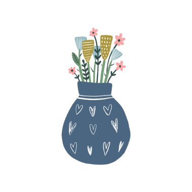 Çiçekli vazo. El tylized temting çağdaş sanat çekilmiş. Boho hipster çizim