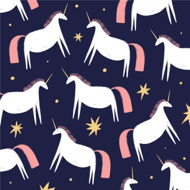 Elle çizilmiş şirin komik tek boynuzlu atlar, kreş temting çağdaş sanat stilize. Boho hipster çizim