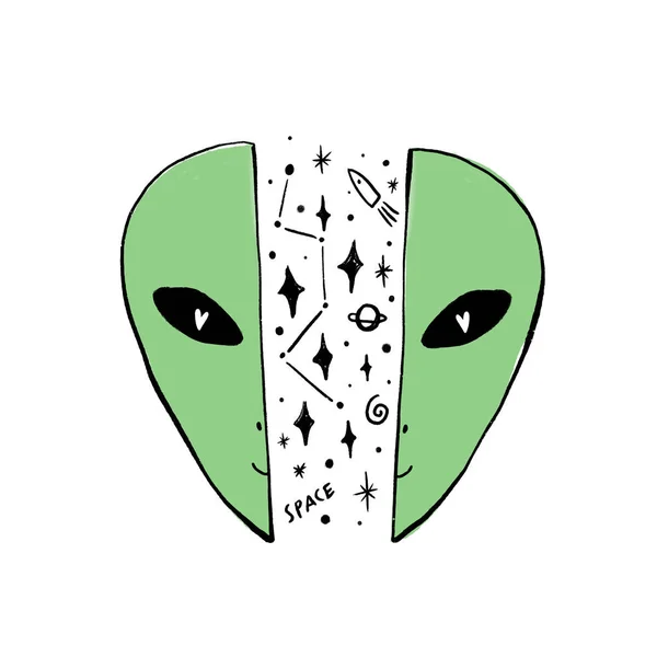 Vector Green Alien Face Hand Drawn Stylized Temting Contemporary Art — Stock Vector