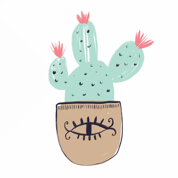 Cactus Casa Vaso Disegnato Mano Stilizzato Temting Arte Contemporanea Boho — Vettoriale Stock