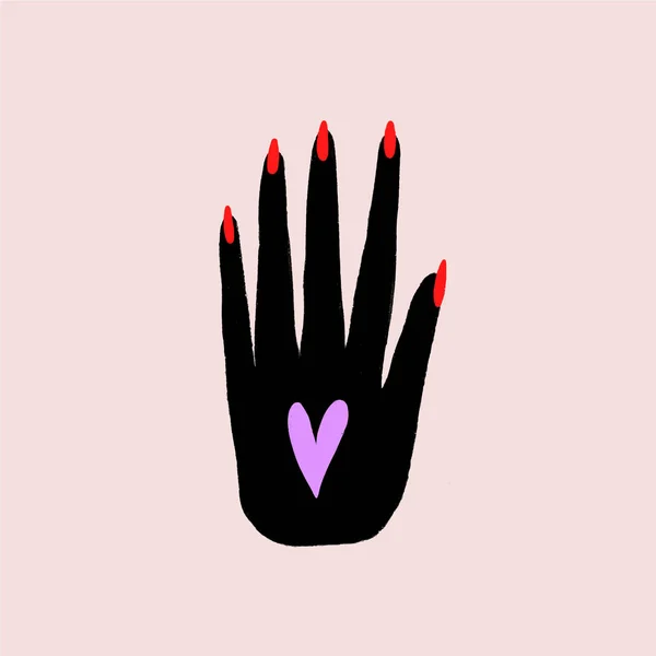 Mão Negra Com Coração Mão Desenhada Estilizado Temting Arte Contemporânea — Vetor de Stock