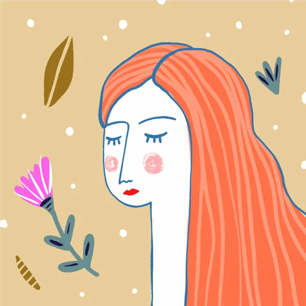 Χέρι Συρμένο Redhead Κορίτσι Λουλούδια Τυποποιημένο Temting Σύγχρονης Τέχνης Boho — Διανυσματικό Αρχείο