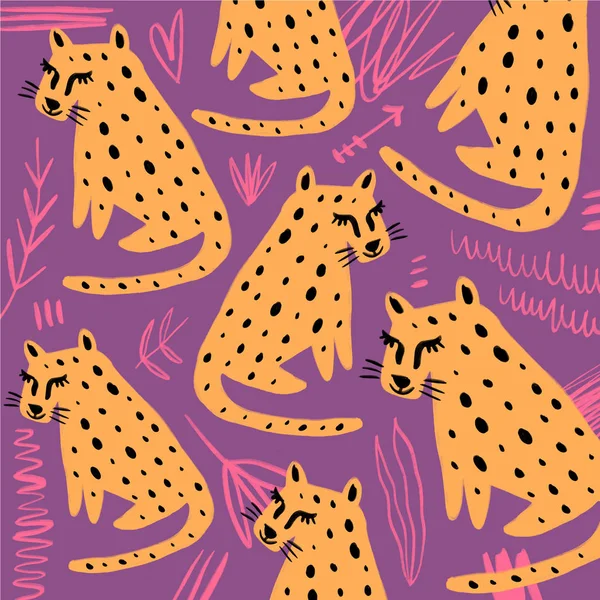 Leopardos Rabiscos Desenhados Mão Imprimir Padrão Gatos Selvagens Estilizados Tentando —  Vetores de Stock