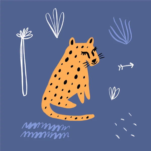 Leopardo Scarabocchio Disegnato Mano Gatto Selvatico Stilizzato Temting Arte Contemporanea — Vettoriale Stock