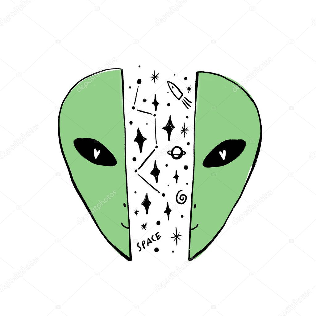 Vector green alien face. Hand drawn stylized temting contemporary art. Boho hipster drawing. Print for your design