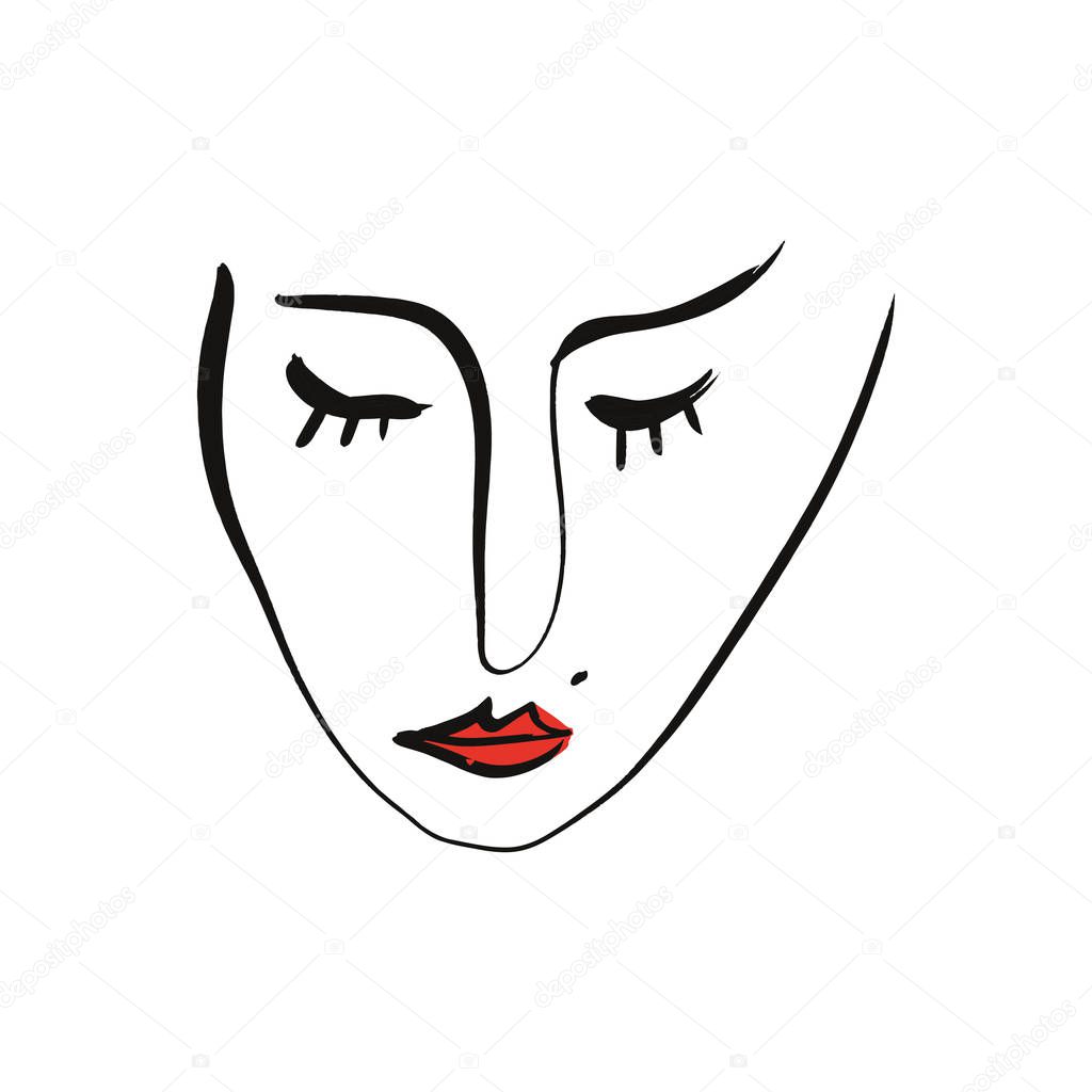 Simple hand drawn black and white trendy line portrait art. Modern print for clothes, textile and other. Vector illustration, EPS