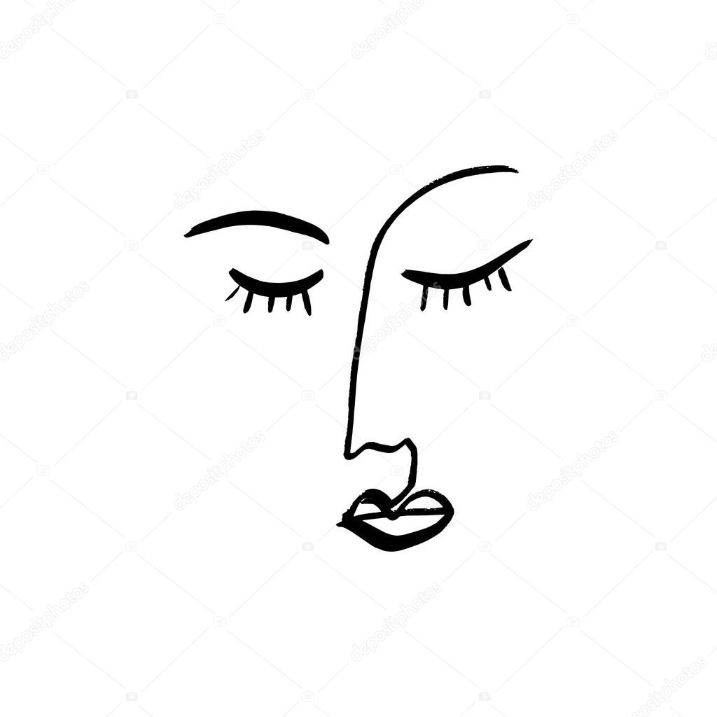 Simple hand drawn black and white trendy line portrait art. Monochrome print for clothes, textile and other. Vector illustration, EPS