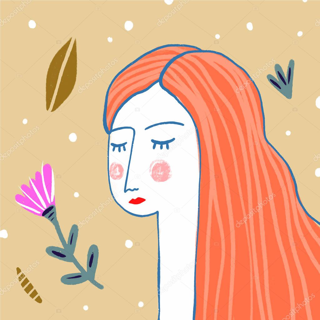 Hand drawn redhead girl with flowers. Stylized temting contemporary art. Boho hipster drawing