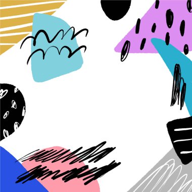 Şık sanat çerçeve farklı dokular ve şekiller, 90-s tarzı. Kağıt kesiği. Kolaj, çizilen fırça dokular teslim. Web, poscards, afiş, davetiye, broşür şablonları ve kapakları için iyi