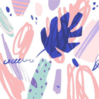 Vektör evrensel çiçek başlık sayfası ya da üstbilgi, tropikal yaprak ve öğeleri ayarlayın. Modern sanat. El fırça dokular çekilmiş. Web, poscards, afiş, davetiye, broşür şablonları ve kapakları için iyi