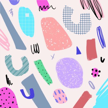 Şık sanat poster farklı dokular ve şekiller. Kağıt kesiği. Kolaj, çizilen fırça dokular, 90-s tarzı teslim. Web, poscards, afiş, davetiye, broşür şablonları ve kapakları için iyi