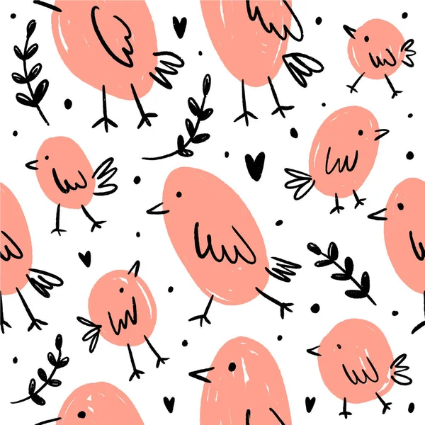 Lindo Patrón Con Dibujos Animados Pequeños Pájaros Rosados Temp Arte — Vector de stock