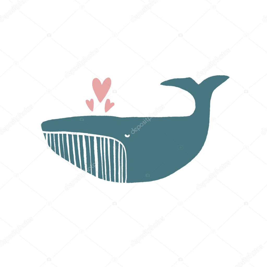 Vector illustration of cute cartoon a whale with hearts. Nursery wall art. Poster, postcard