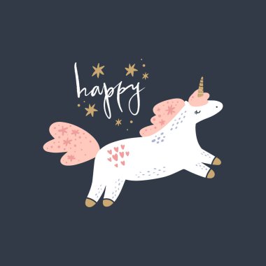 Vektör sevimli hayvanlar sanat. Küçük midilli, tek boynuzlu at basit çizgi film İskandinav tarzı. İyi çocuk giyim için