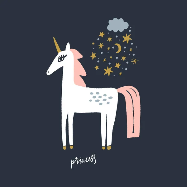 Vektor roztomilý zvířata umění. Malej pony, noční jednorožec v jednoduchý kreslený skandinávském stylu. Dobré pro mateřské oblečení — Stockový vektor