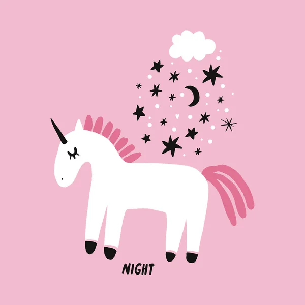 Vector animales lindos arte. Pequeño pony, unicornio nocturno en estilo escandinavo de dibujos animados simples. Bueno para ropa de vivero — Archivo Imágenes Vectoriales