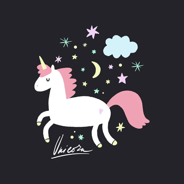 Vektor seni hewan lucu. Kuda poni kecil, unicorn malam dalam gaya kartun Skandinavia sederhana. Bagus untuk pakaian anak-anak - Stok Vektor