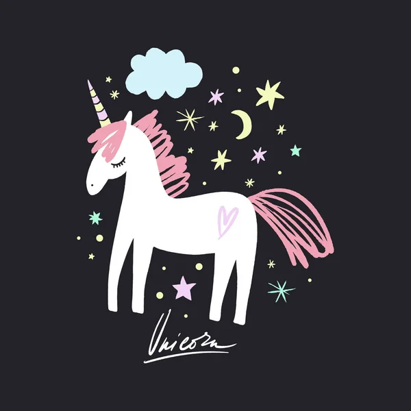Vektor seni hewan lucu. Kuda poni kecil, unicorn malam dalam gaya kartun Skandinavia sederhana. Bagus untuk pakaian anak-anak - Stok Vektor
