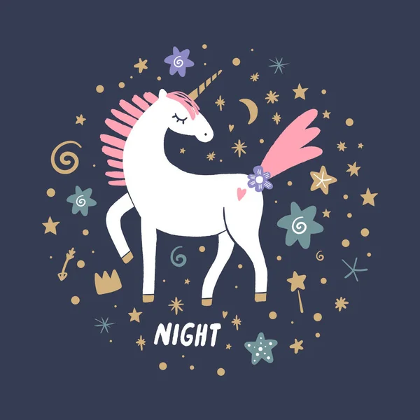 Vektor niedliche Tiere Kunst. Kleines Pony, Nachteinhorn im einfachen skandinavischen Cartoon-Stil. gut für Kinderkleidung — Stockvektor