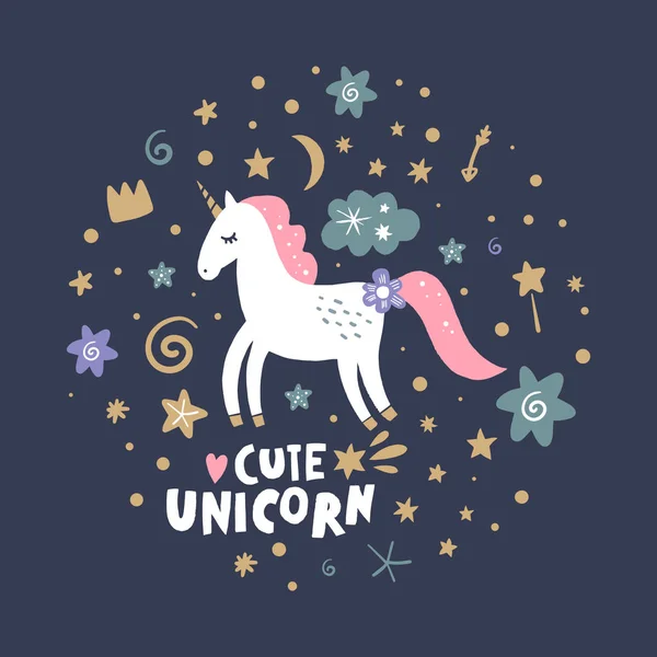 Vector cute animals art. Little pony, night unicorn in simple cartoon scandinavian style. Good for nursery clothes — Stock Vector