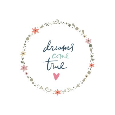 Vektör yazı, kız güç Tema, izole nesneleri ile çerçeve çiçek. Elle çizilmiş bohem çiçekler