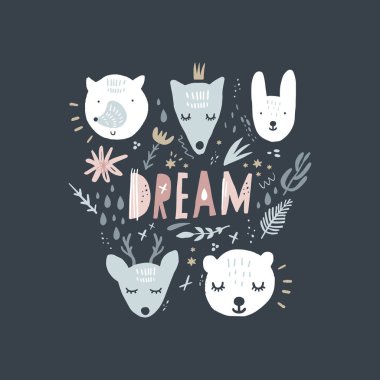 Küçük şirin kutup hayvanları ayarlayın ve metin, yazı desen öğeleri. Çocuk illüstrasyon, doodle, kreş İskandinav tarzı