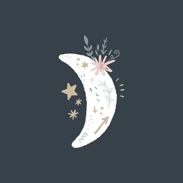 Luna con flores, elementos de patrón. Ilustración infantil, garabato, vivero estilo escandinavo — Vector de stock