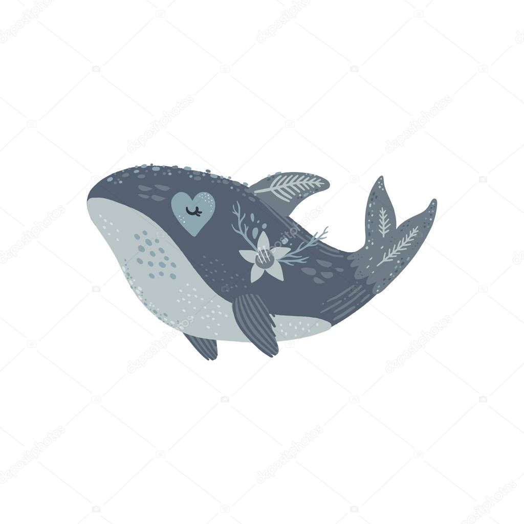 Nursery poster with cute animal, kids wall art with whale and flower. Sea inhabitants. Children print