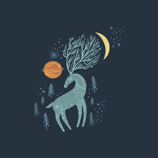 Cartel infantil con animales ornamentados, arte mural de ciervos con elementos del espacio nocturno. Habitante forestal — Vector de stock