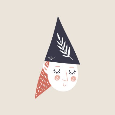 Vektör şirin doodle kız elf yüz, dekor öğeleri koleksiyonu, kreş illüstrasyon, çizgi film karakteri, kesilmiş küçük resim