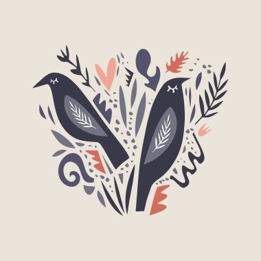 Vektör şirin doodle kuşlar ve bitki deseni, dekor öğeleri koleksiyonu, kreş illüstrasyon, çizgi film karakteri, kesilmiş küçük resim