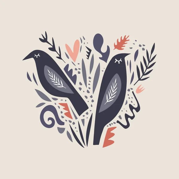 Vektör şirin doodle kuşlar ve bitki deseni, dekor öğeleri koleksiyonu, kreş illüstrasyon, çizgi film karakteri, kesilmiş küçük resim